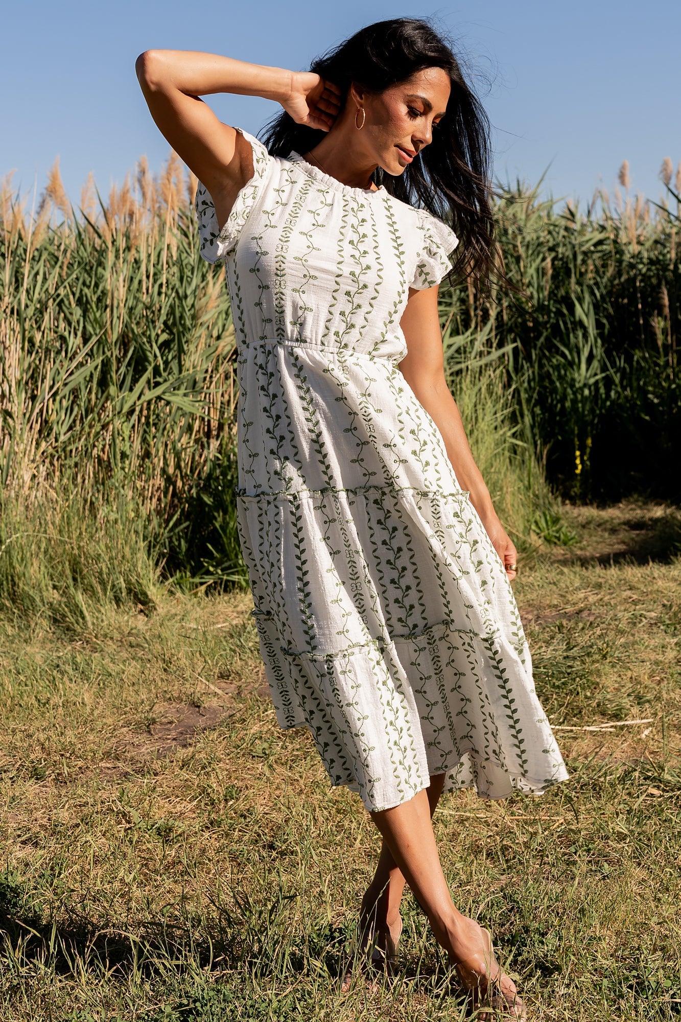 Frida Embroidered Midi Dress | Baltic Born White + Green Print