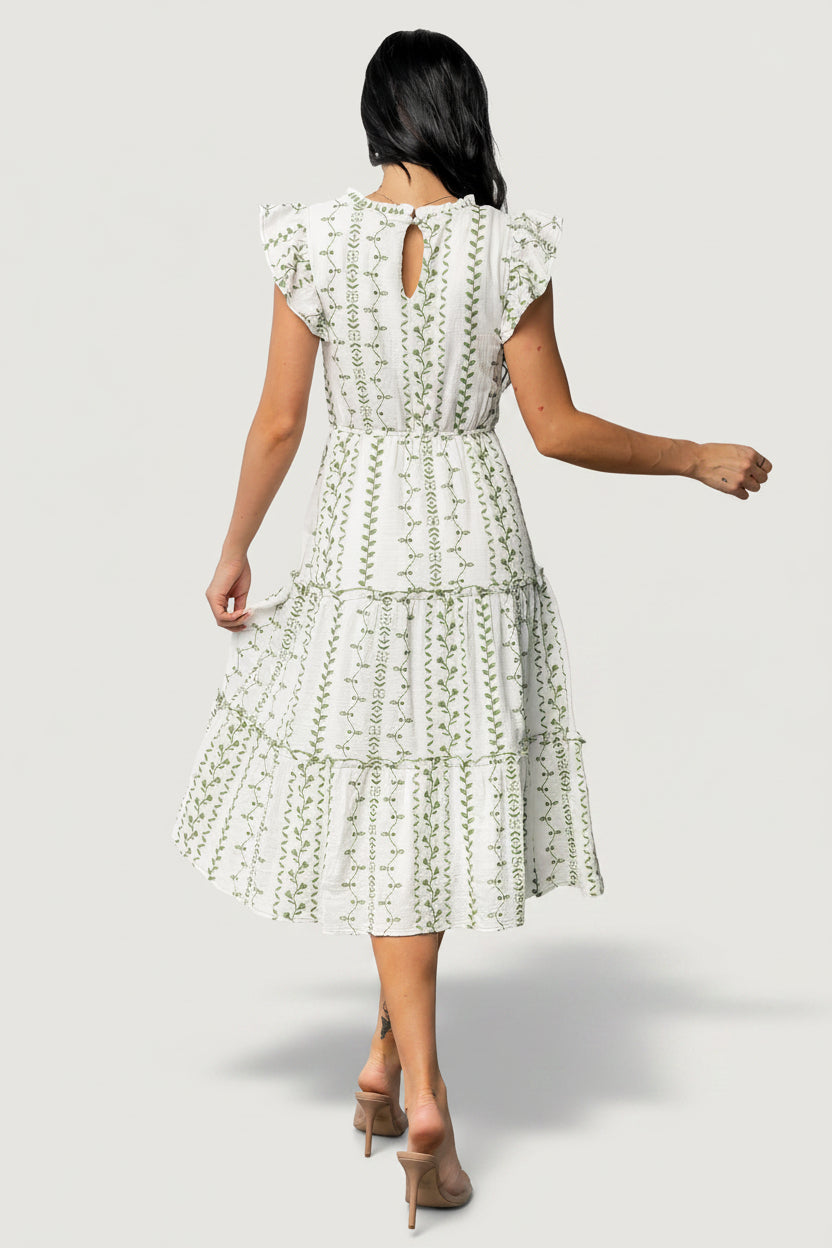 Frida Embroidered Midi Dress | Baltic Born White + Green Print