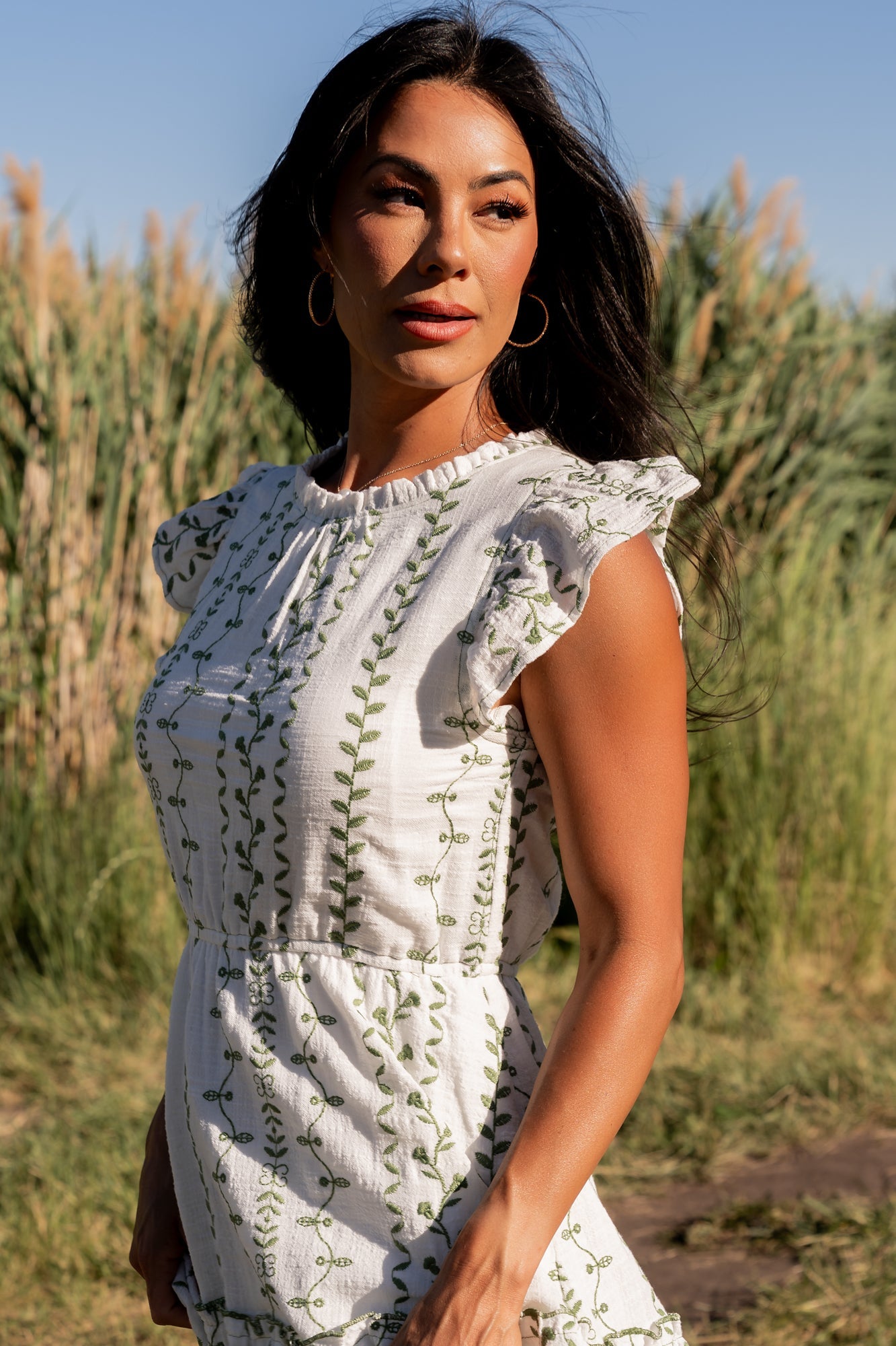 Frida Embroidered Midi Dress | Baltic Born White + Green Print