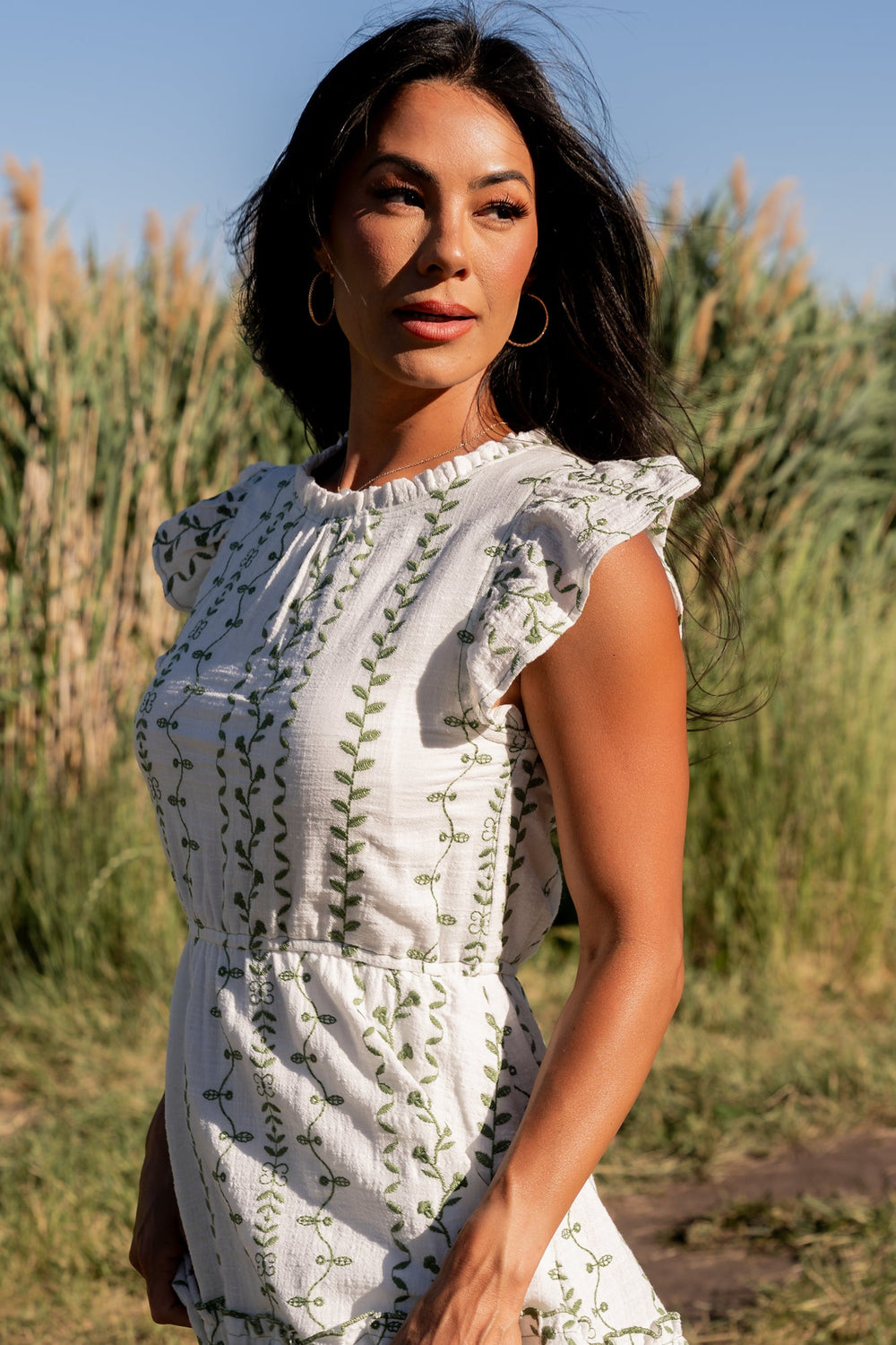 Frida Embroidered Midi Dress | Baltic Born White + Green Print