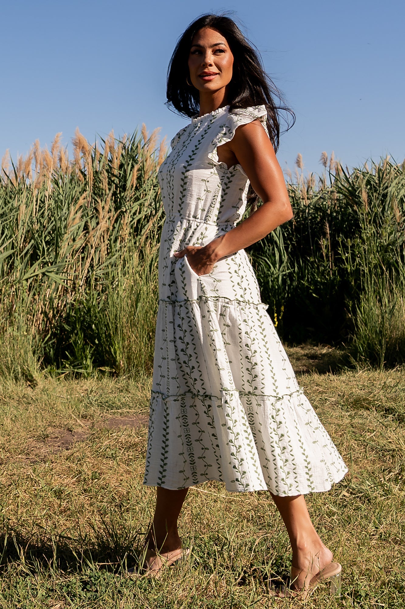 Frida Embroidered Midi Dress | Baltic Born White + Green Print