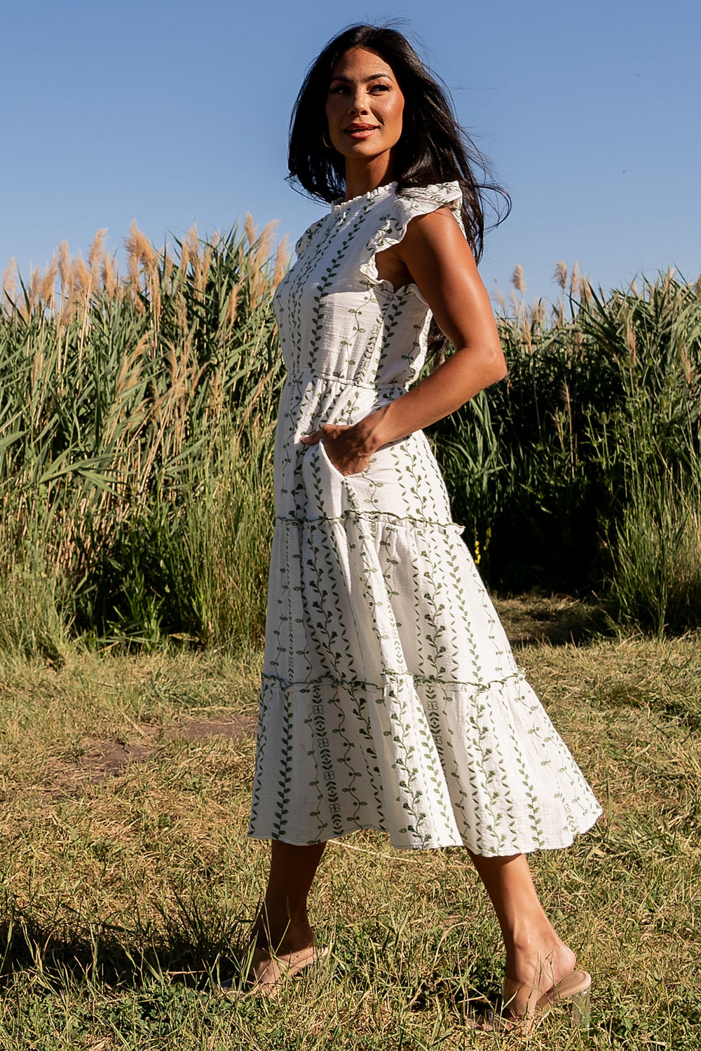Frida Embroidered Midi Dress | Baltic Born White + Green Print