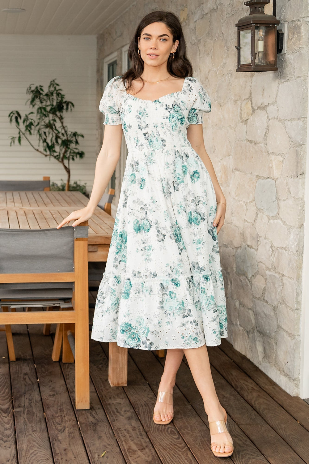 Piper Eyelet Midi Dress | Baltic Born Off White + Green Floral