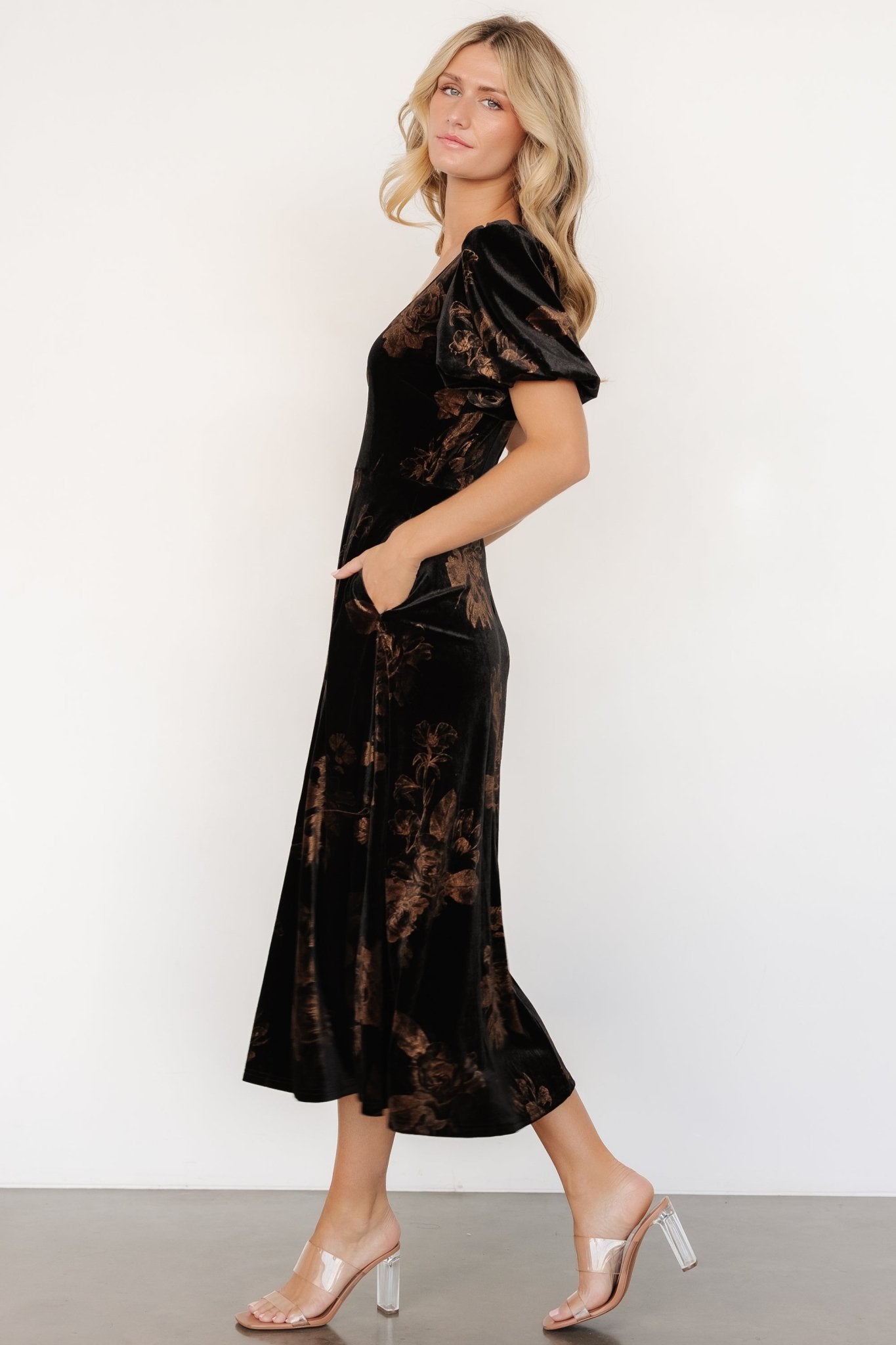 Janna Velvet Midi Dress | Baltic Born Black + Bronze Floral