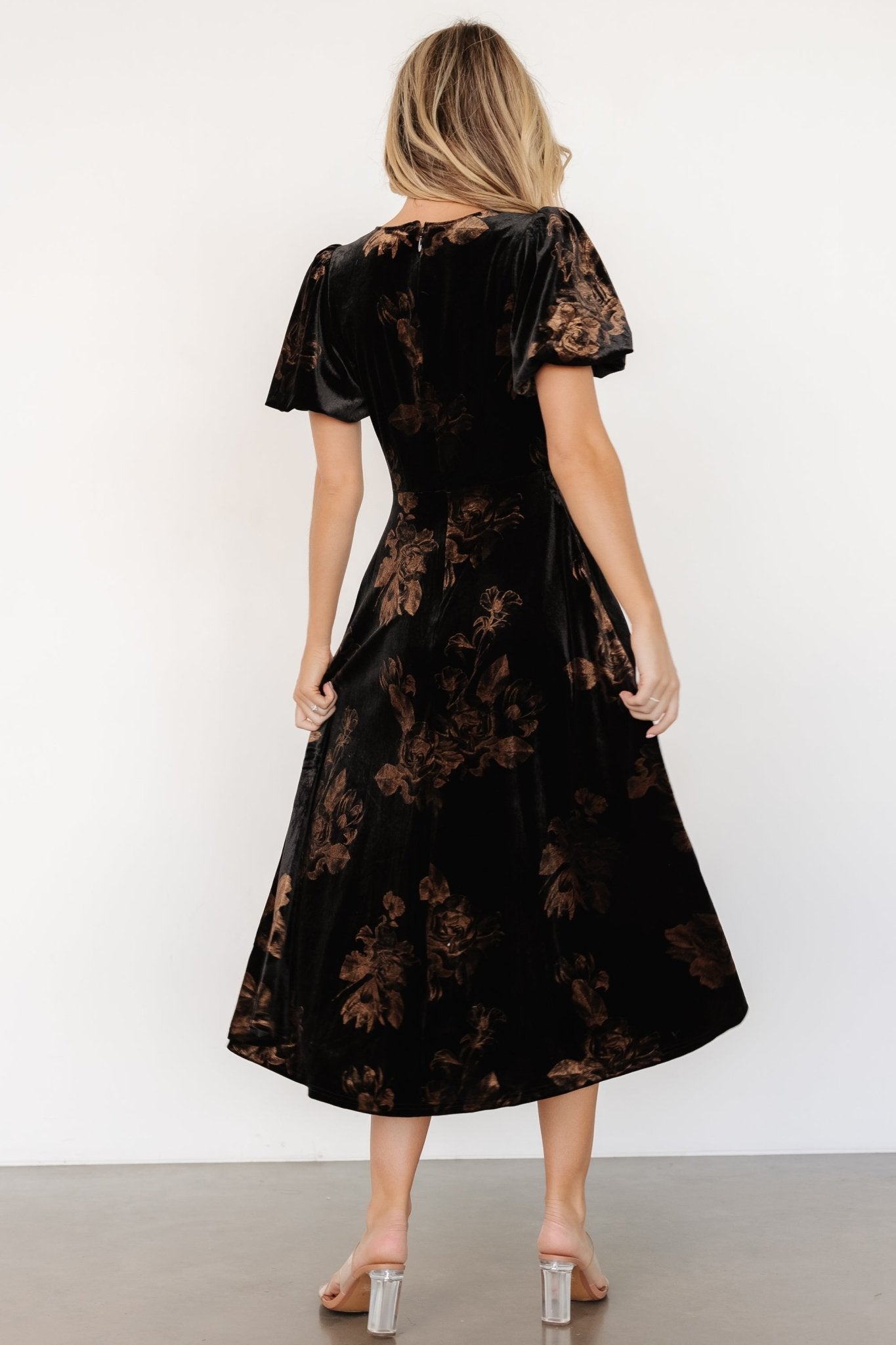 Janna Velvet Midi Dress | Baltic Born Black + Bronze Floral