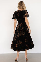 Janna Velvet Midi Dress | Baltic Born Black + Bronze Floral