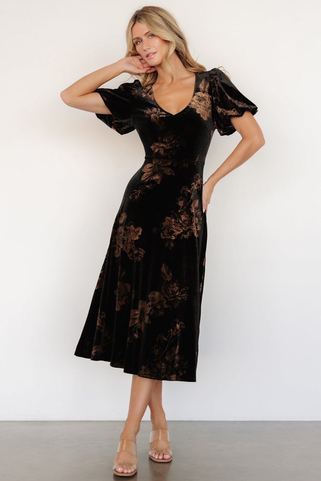 Janna Velvet Midi Dress | Baltic Born Black + Bronze Floral