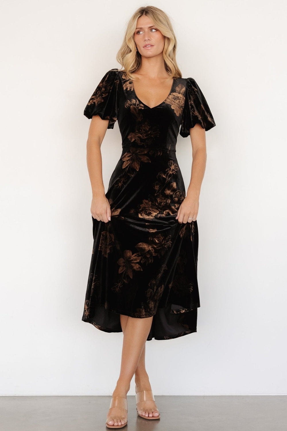 Janna Velvet Midi Dress | Baltic Born Black + Bronze Floral