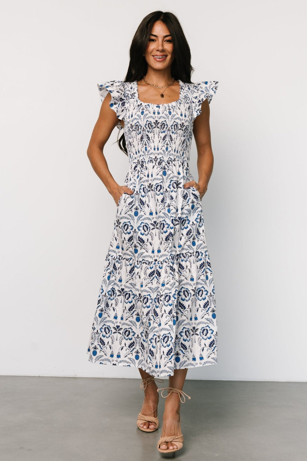 Rhodes Smocked Dress | Baltic Born White + Blue Print