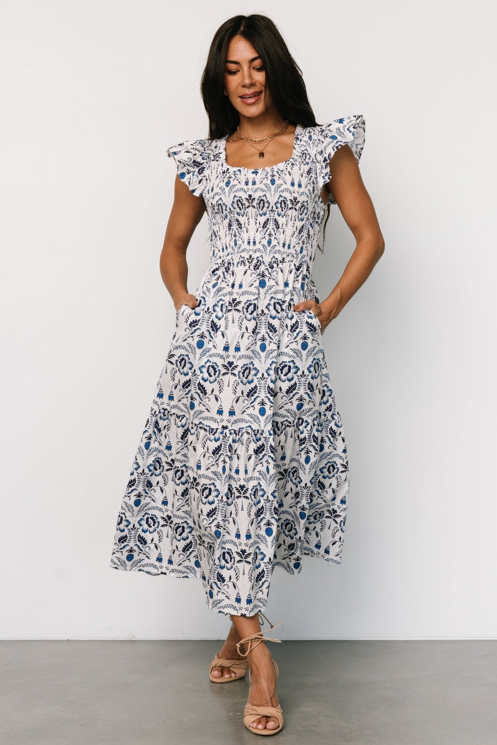 Rhodes Smocked Dress | Baltic Born White + Blue Print