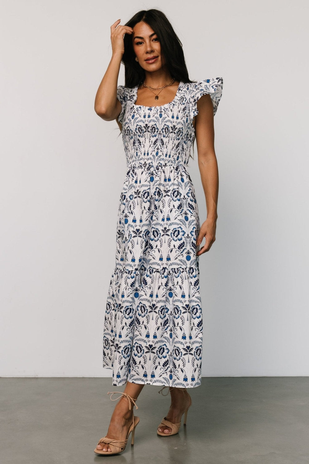 Rhodes Smocked Dress | Baltic Born White + Blue Print
