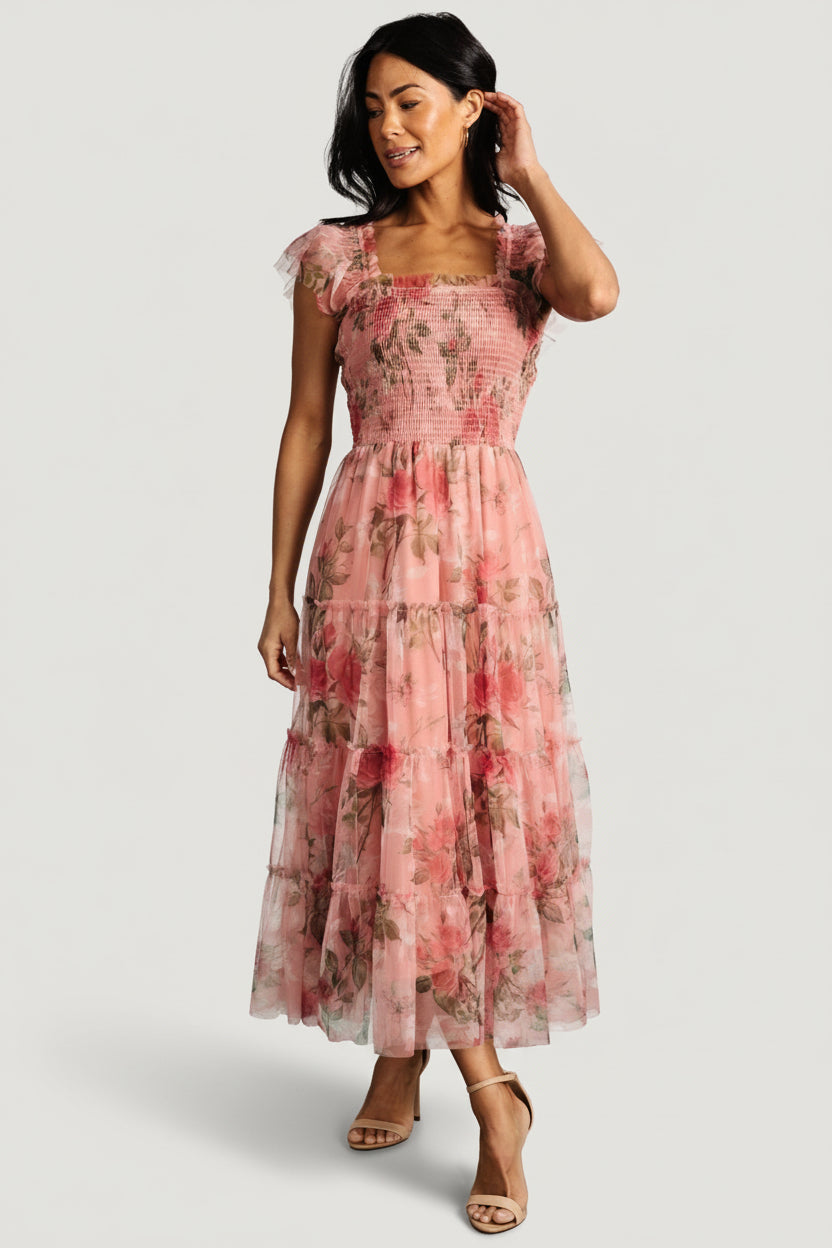 Clementine Tulle Midi Dress | Baltic Born Pink Rose Floral