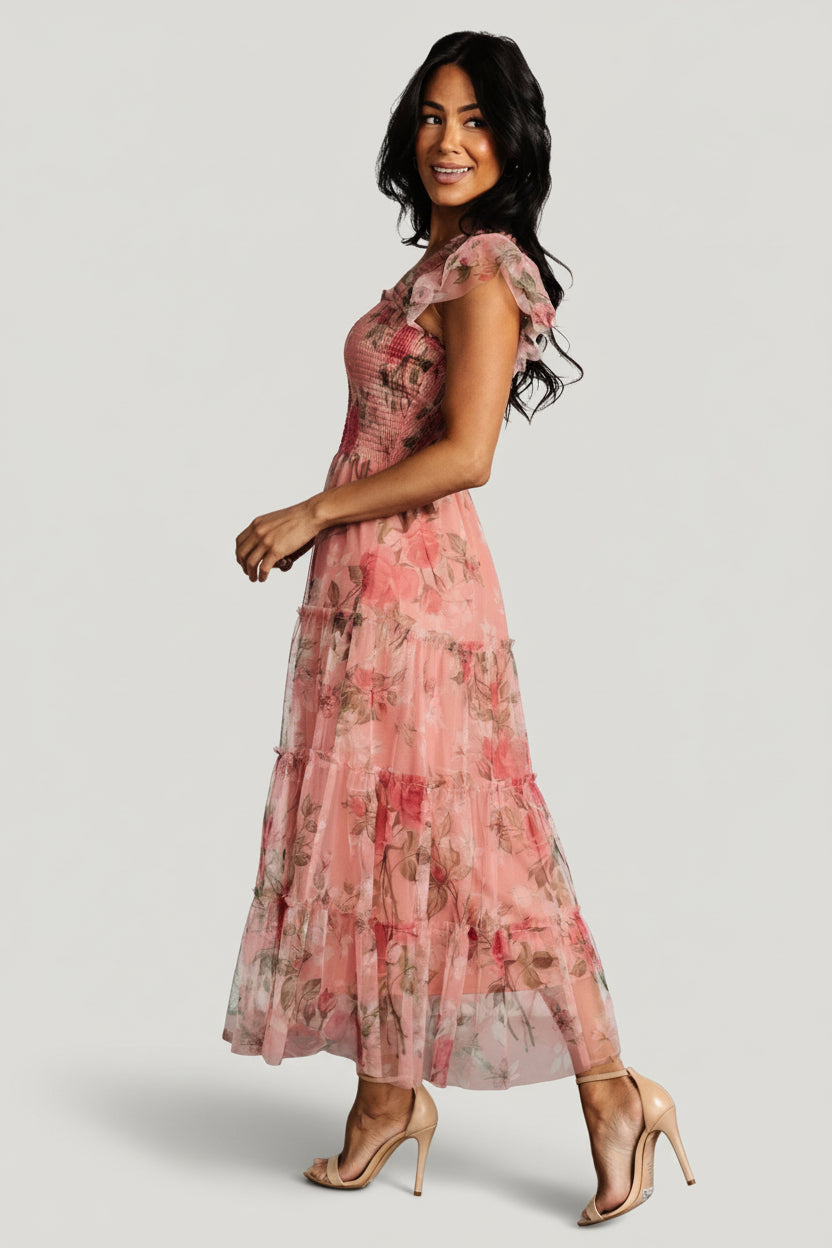 Clementine Tulle Midi Dress | Baltic Born Pink Rose Floral