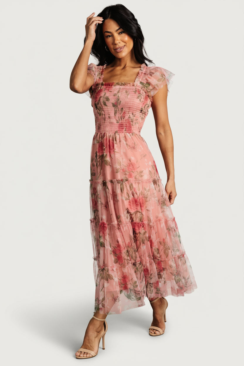 Clementine Tulle Midi Dress | Baltic Born Pink Rose Floral