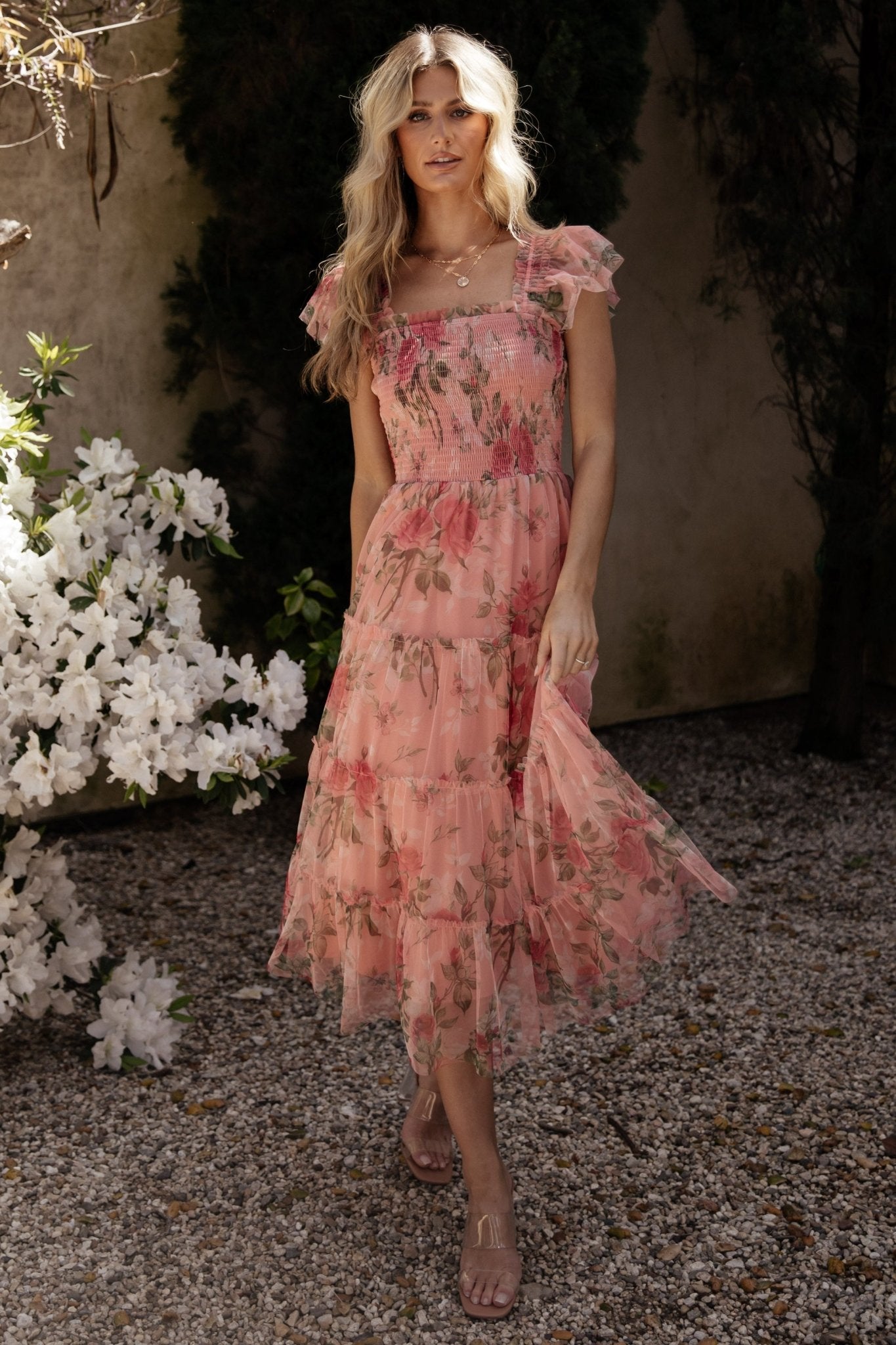 Clementine Tulle Midi Dress | Baltic Born Pink Rose Floral