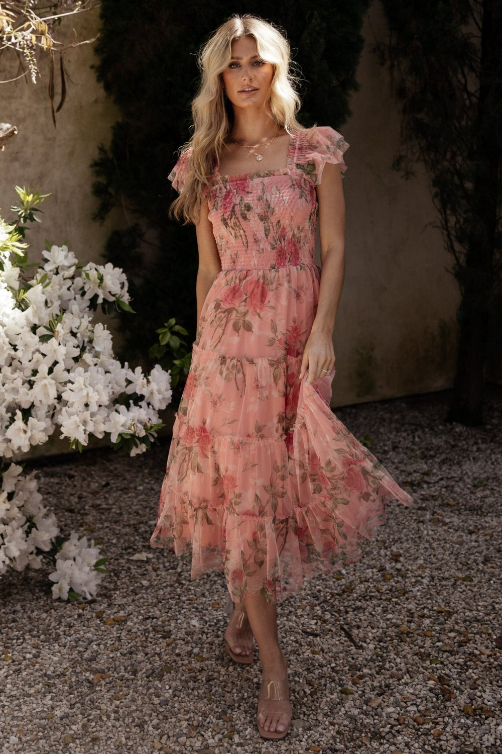 Clementine Tulle Midi Dress | Baltic Born Pink Rose Floral