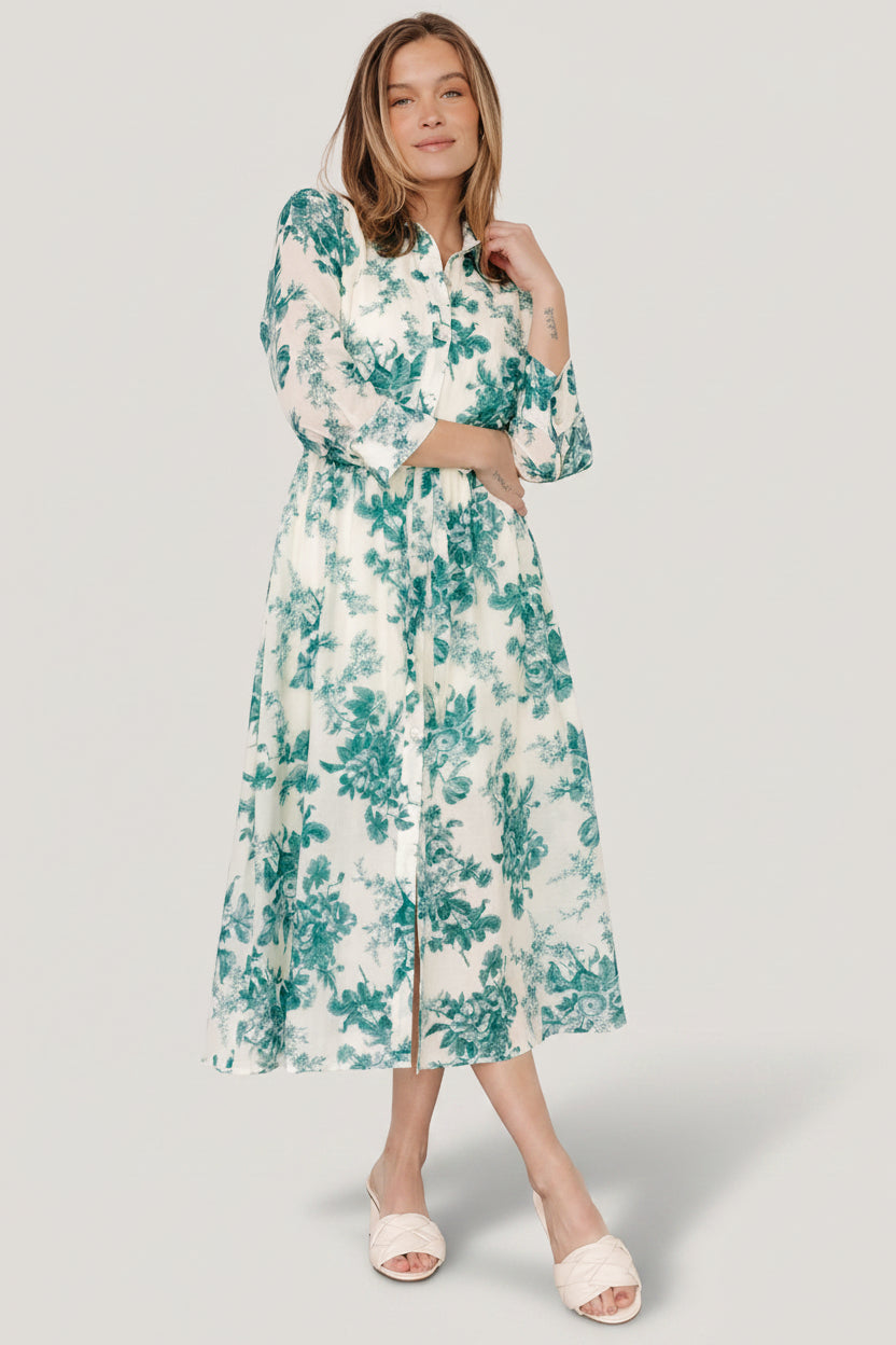 Eunice Button Midi Dress | Baltic Born Cream + Green Floral