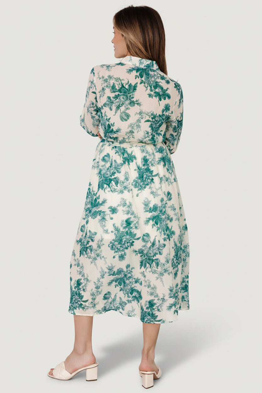 Eunice Button Midi Dress | Baltic Born Cream + Green Floral