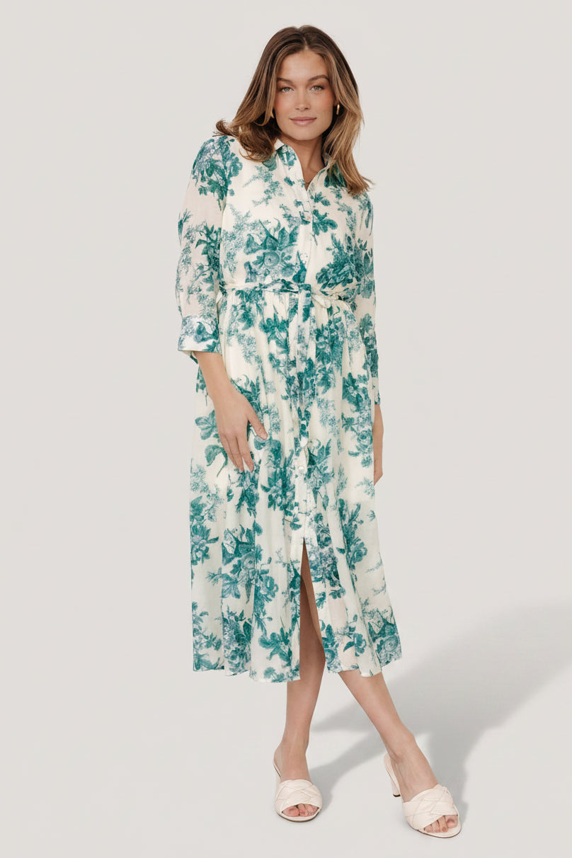 Eunice Button Midi Dress | Baltic Born Cream + Green Floral