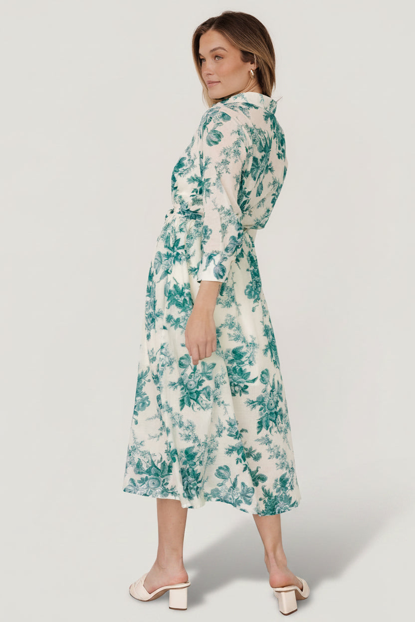 Eunice Button Midi Dress | Baltic Born Cream + Green Floral