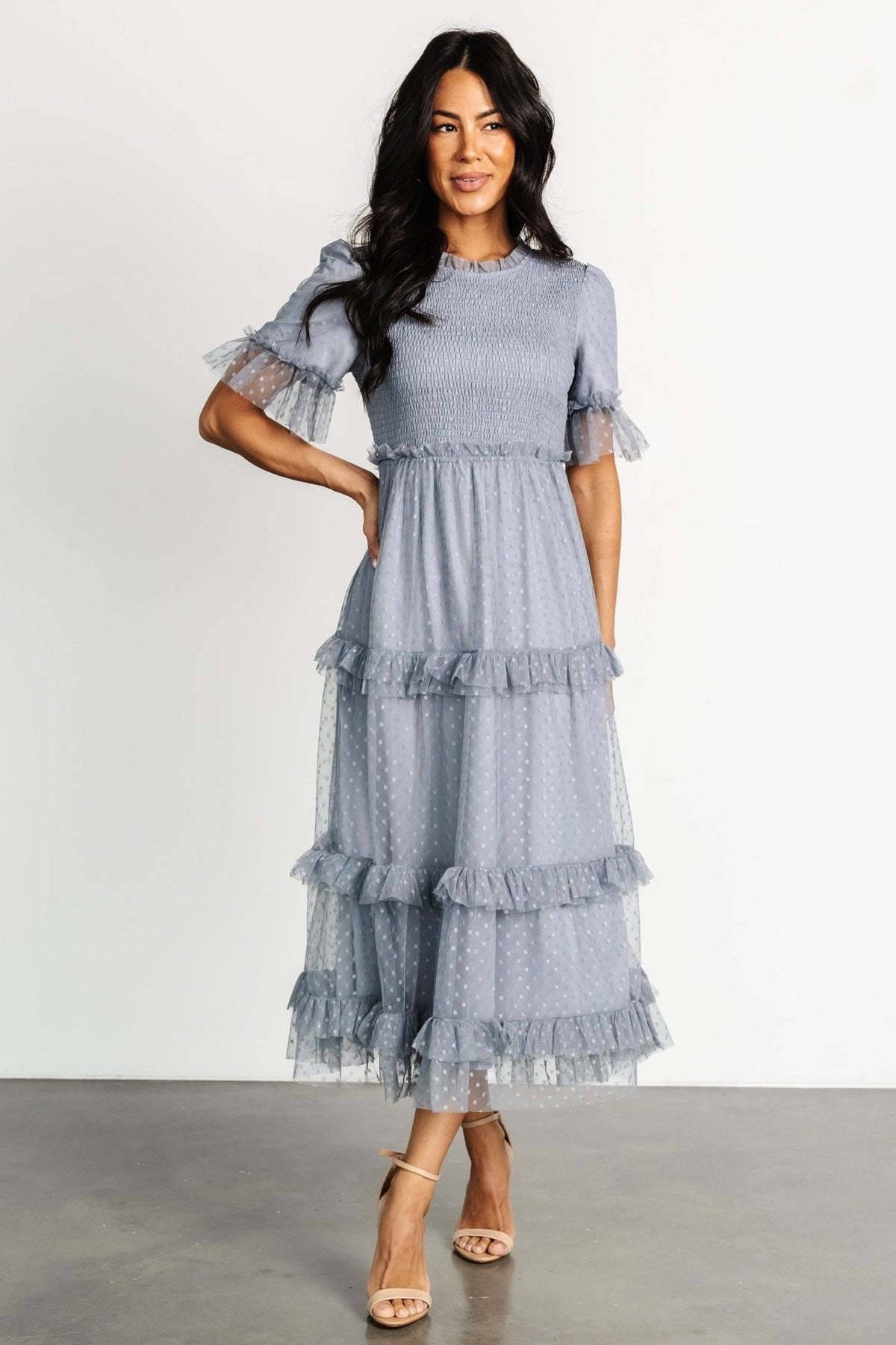 Lysandra Smocked Dot Dress | Baltic Born Dusty Slate