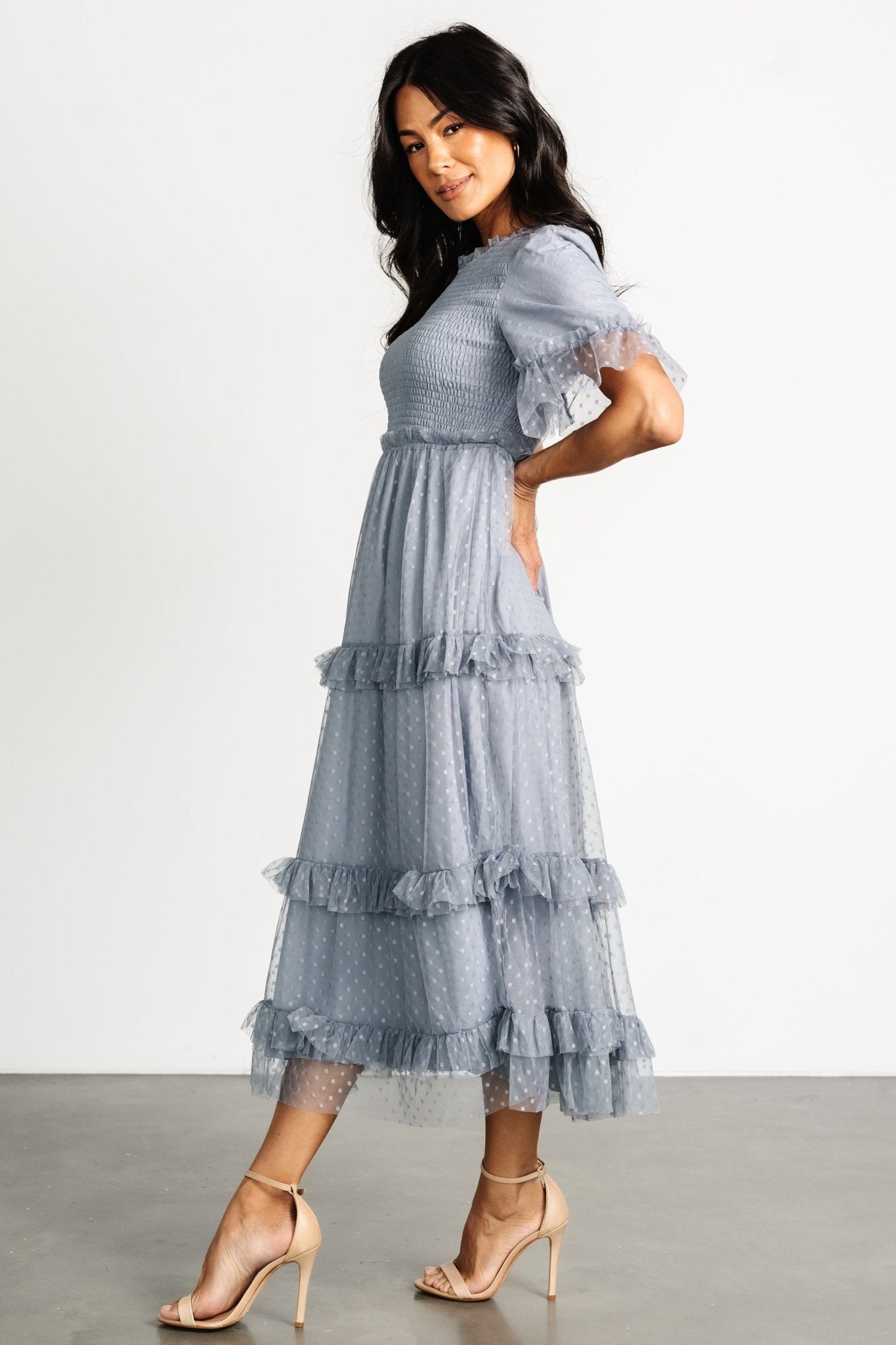 Lysandra Smocked Dot Dress | Baltic Born Dusty Slate