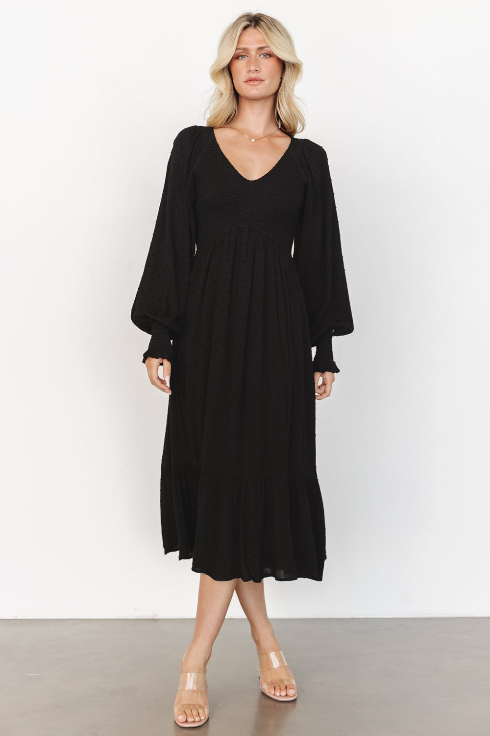 Lainey Smocked Dotted Midi Dress | Baltic Born Black