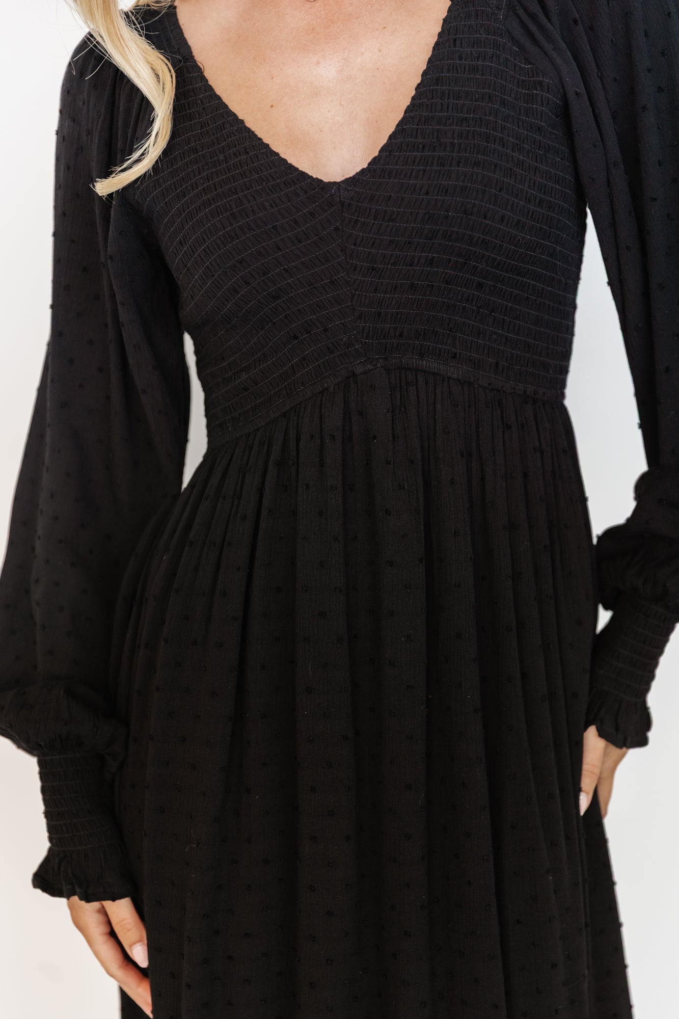 Lainey Smocked Dotted Midi Dress | Baltic Born Black