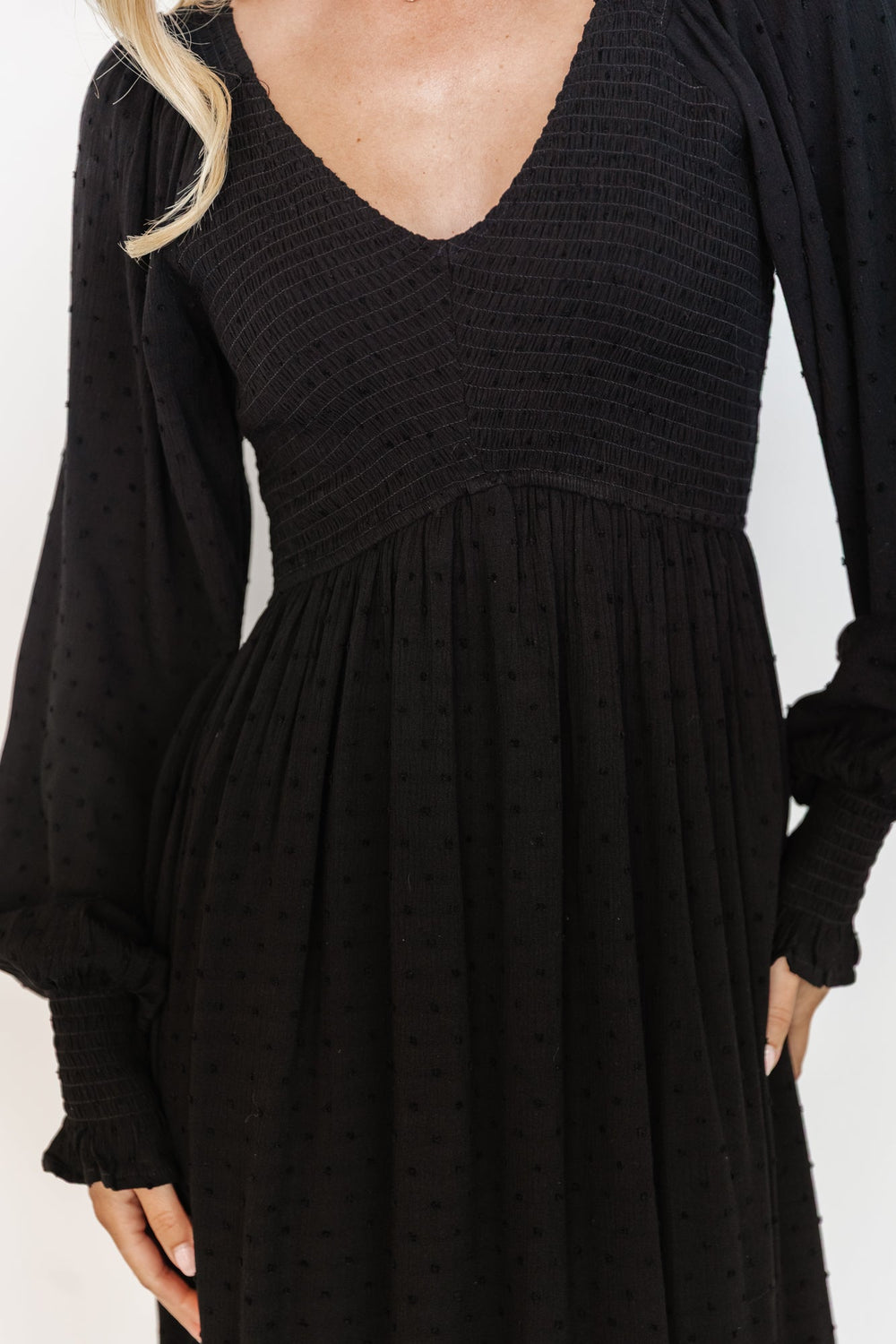 Lainey Smocked Dotted Midi Dress | Baltic Born Black