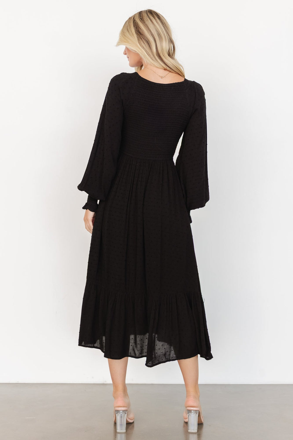 Lainey Smocked Dotted Midi Dress | Baltic Born Black