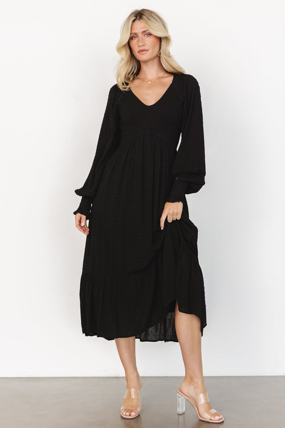 Lainey Smocked Dotted Midi Dress | Baltic Born Black