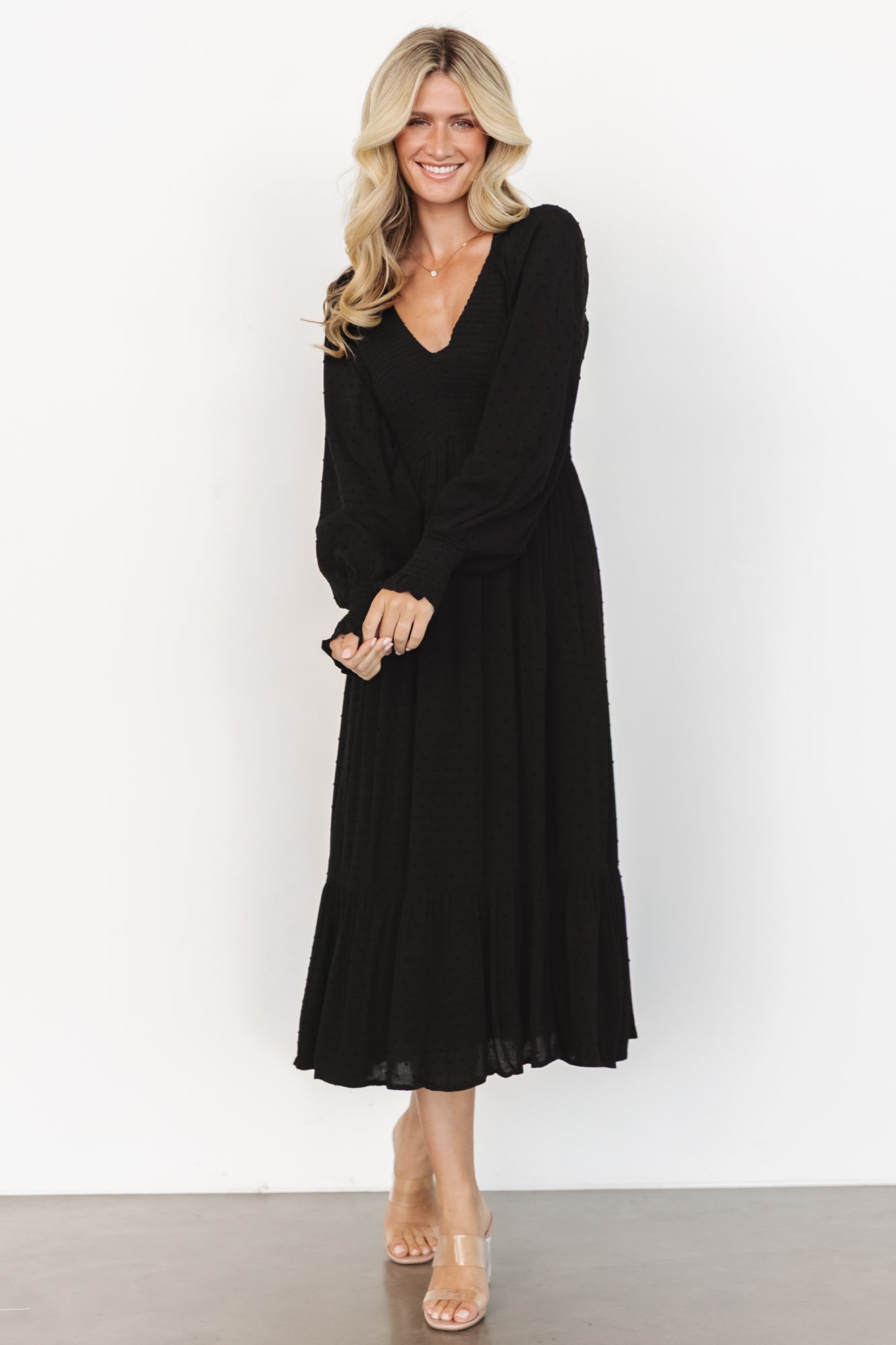 Lainey Smocked Dotted Midi Dress | Baltic Born Black