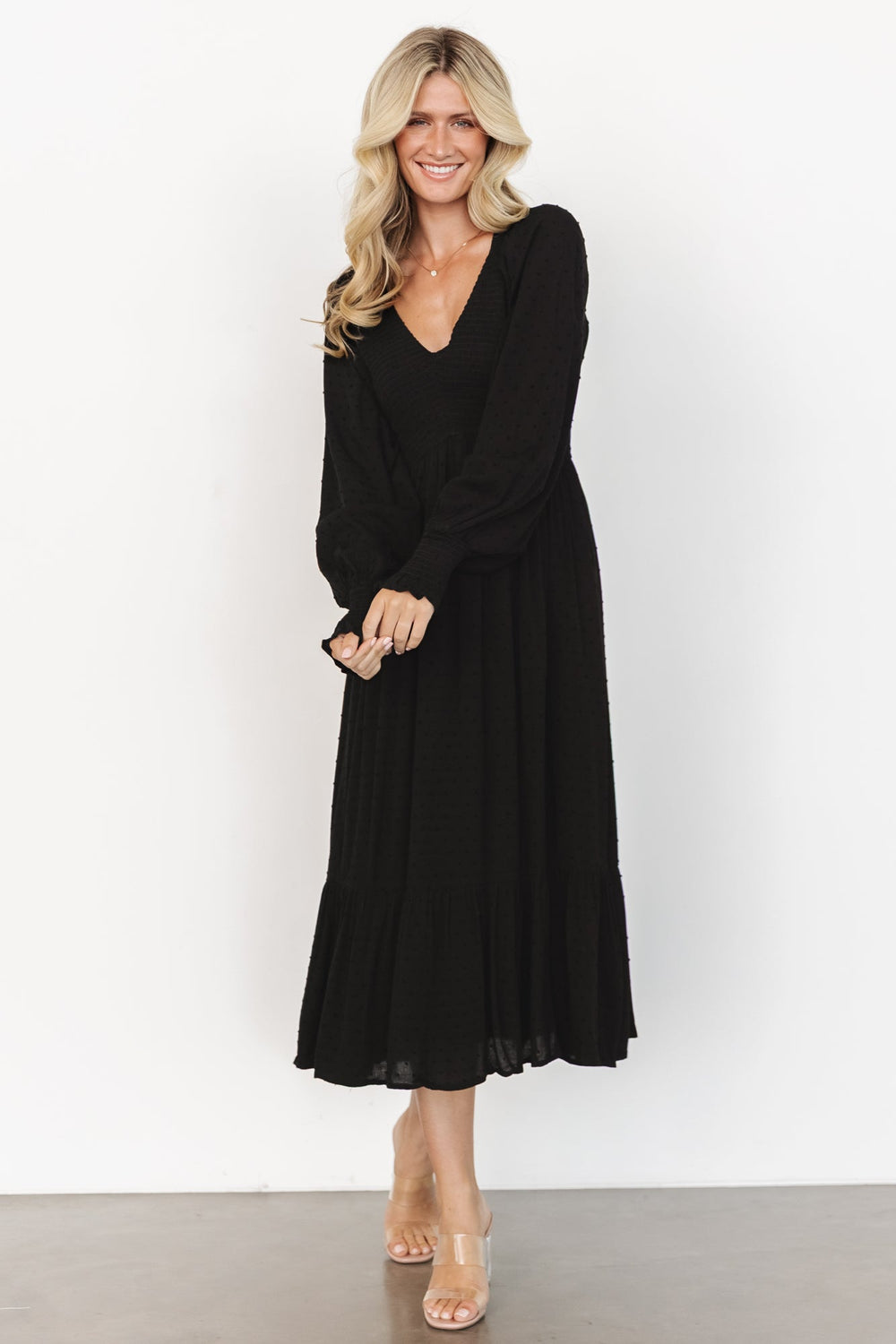 Lainey Smocked Dotted Midi Dress | Baltic Born Black