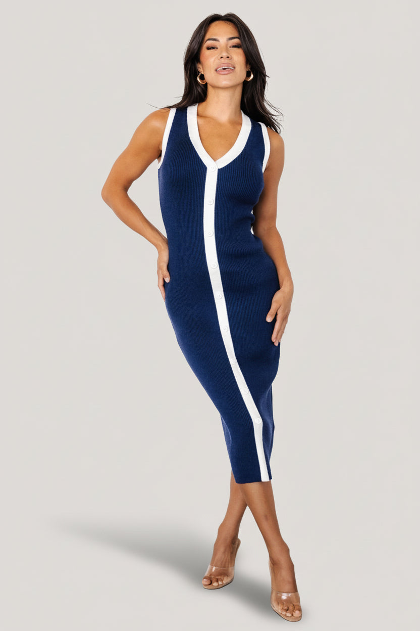 Coley Ribbed Button Dress | Baltic Born Navy + Off White