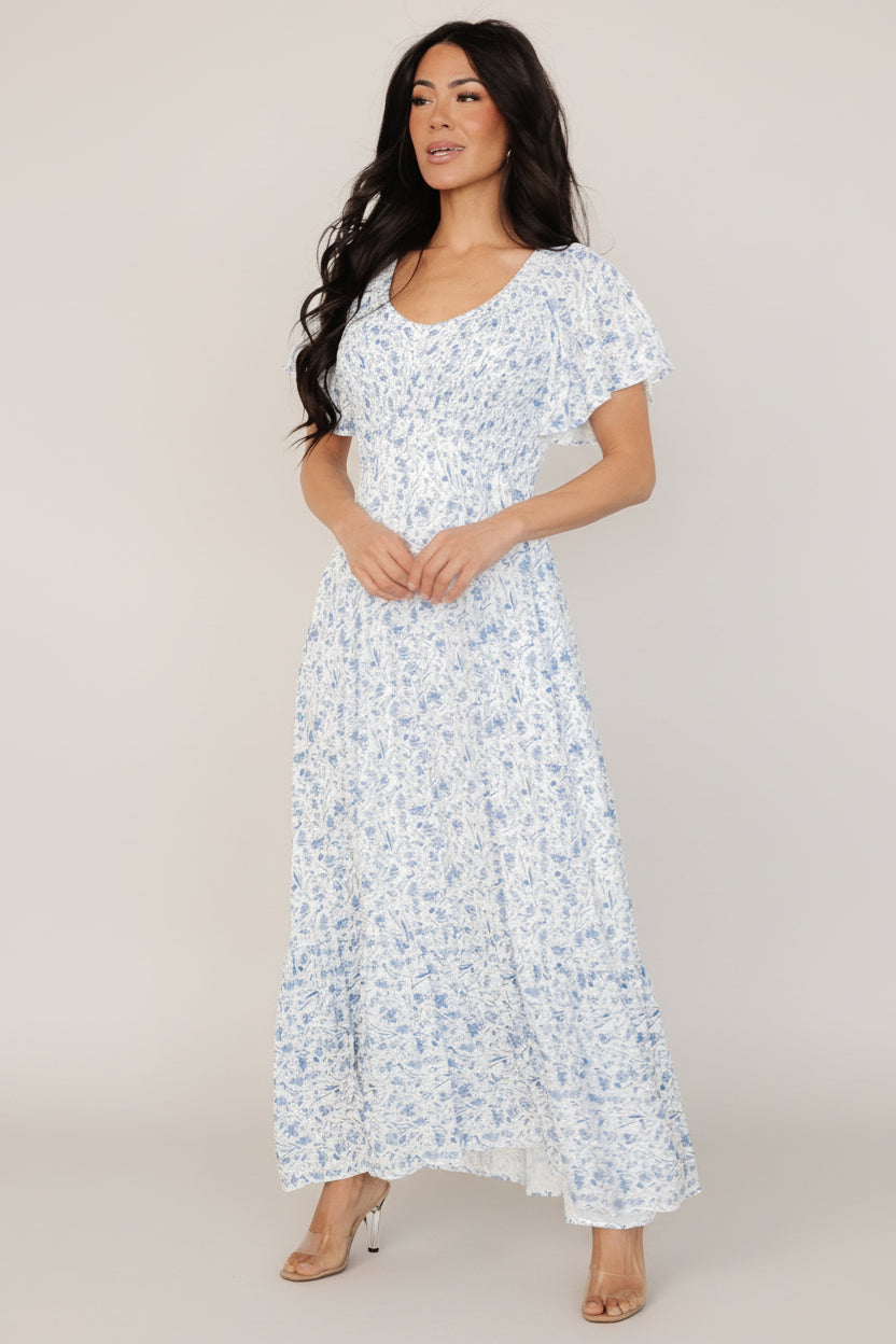 Joanie Smocked Dress | Baltic Born White + Blue Floral