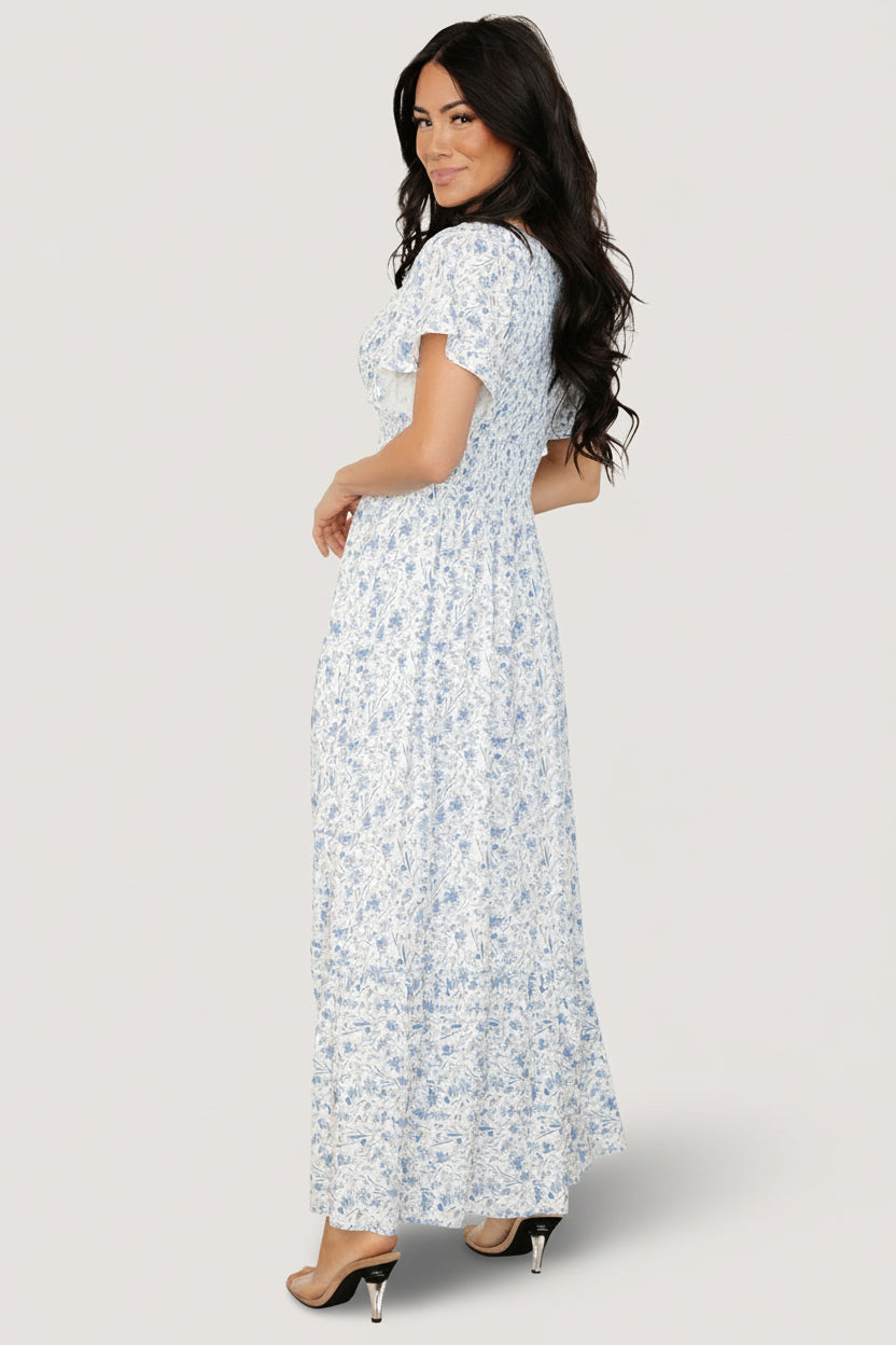 Joanie Smocked Dress | Baltic Born White + Blue Floral