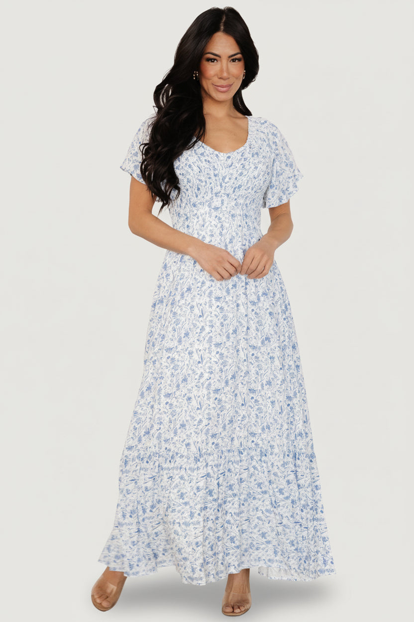 Joanie Smocked Dress | Baltic Born White + Blue Floral