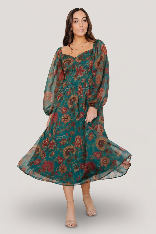 Babette Basque Waist Dress | Baltic Born Teal Multi Floral