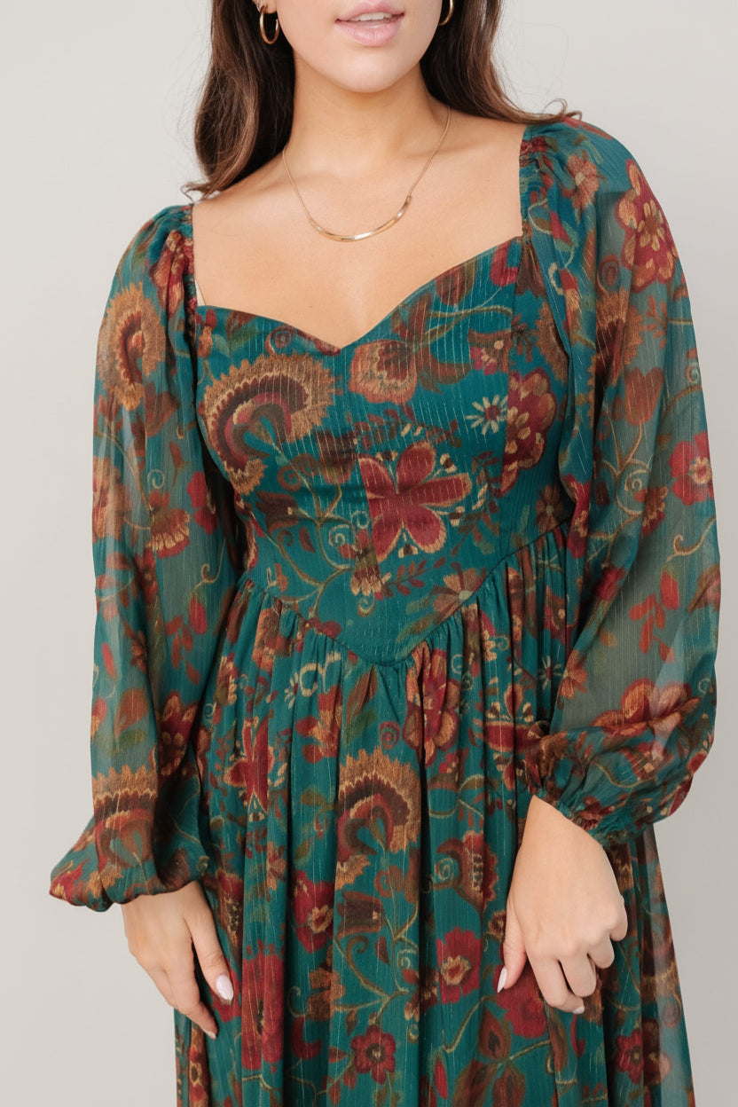 Babette Basque Waist Dress | Baltic Born Teal Multi Floral