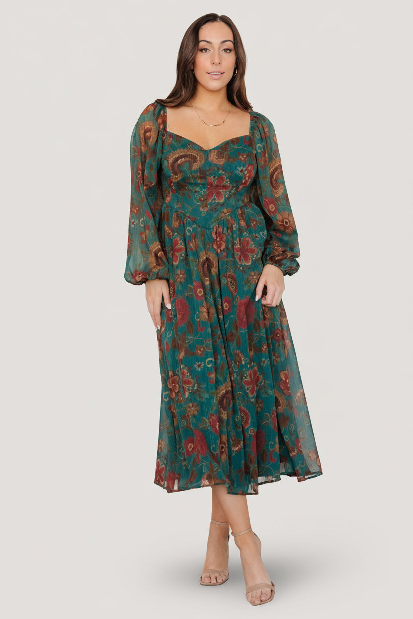 Babette Basque Waist Dress | Baltic Born Teal Multi Floral