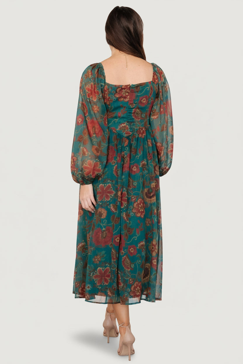 Babette Basque Waist Dress | Baltic Born Teal Multi Floral