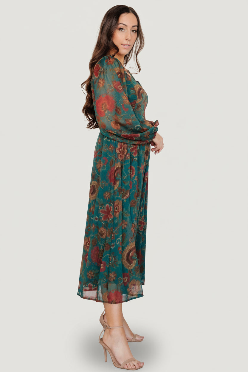Babette Basque Waist Dress | Baltic Born Teal Multi Floral