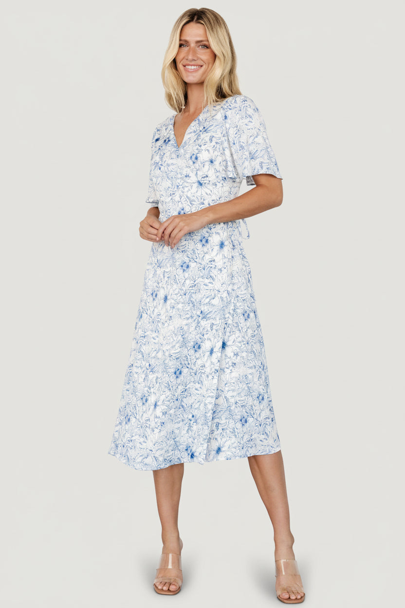 Amelie Wrap Midi Dress | Baltic Born Blue Print