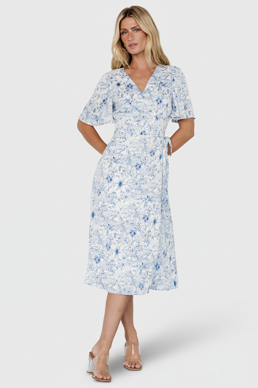 Amelie Wrap Midi Dress | Baltic Born Blue Print