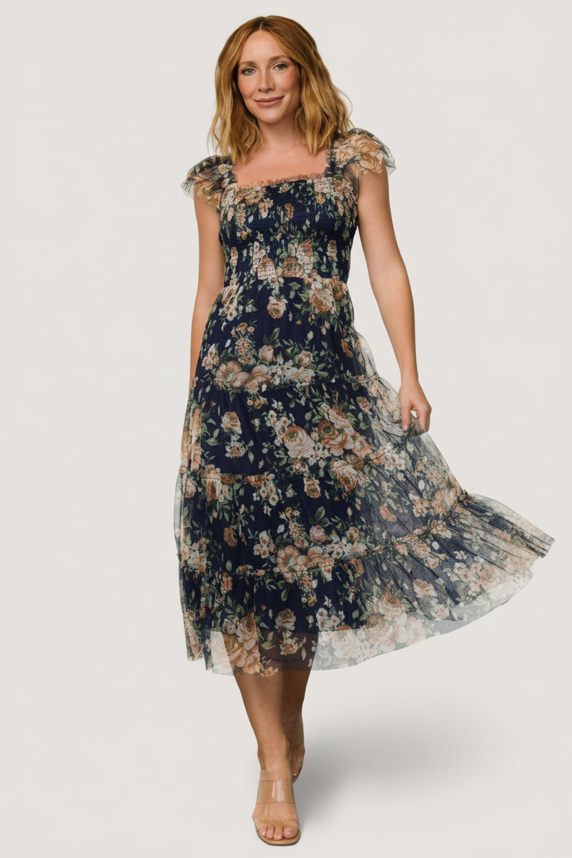 Clementine Tulle Midi Dress | Baltic Born Blue + Golden Floral