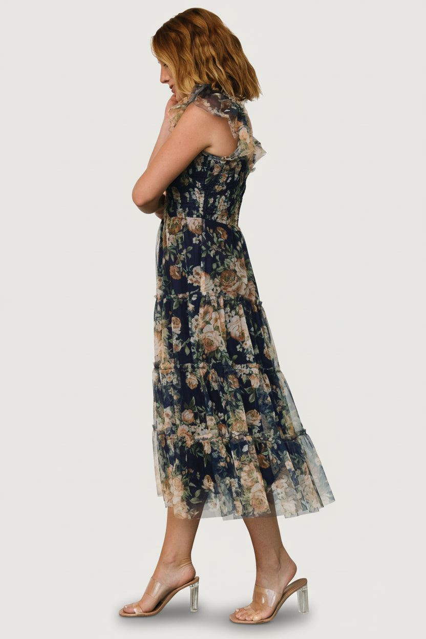 Clementine Tulle Midi Dress | Baltic Born Blue + Golden Floral