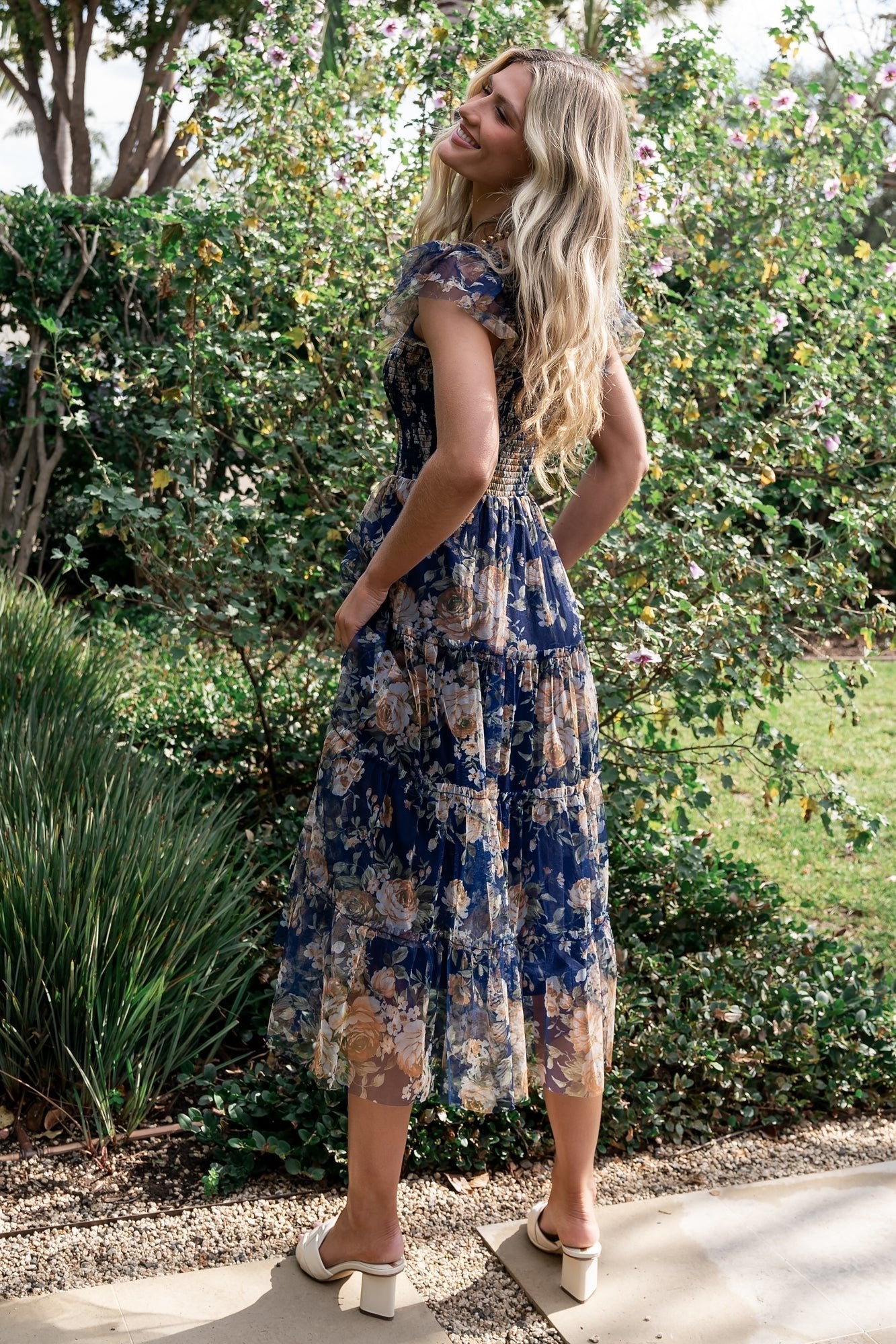 Clementine Tulle Midi Dress | Baltic Born Blue + Golden Floral