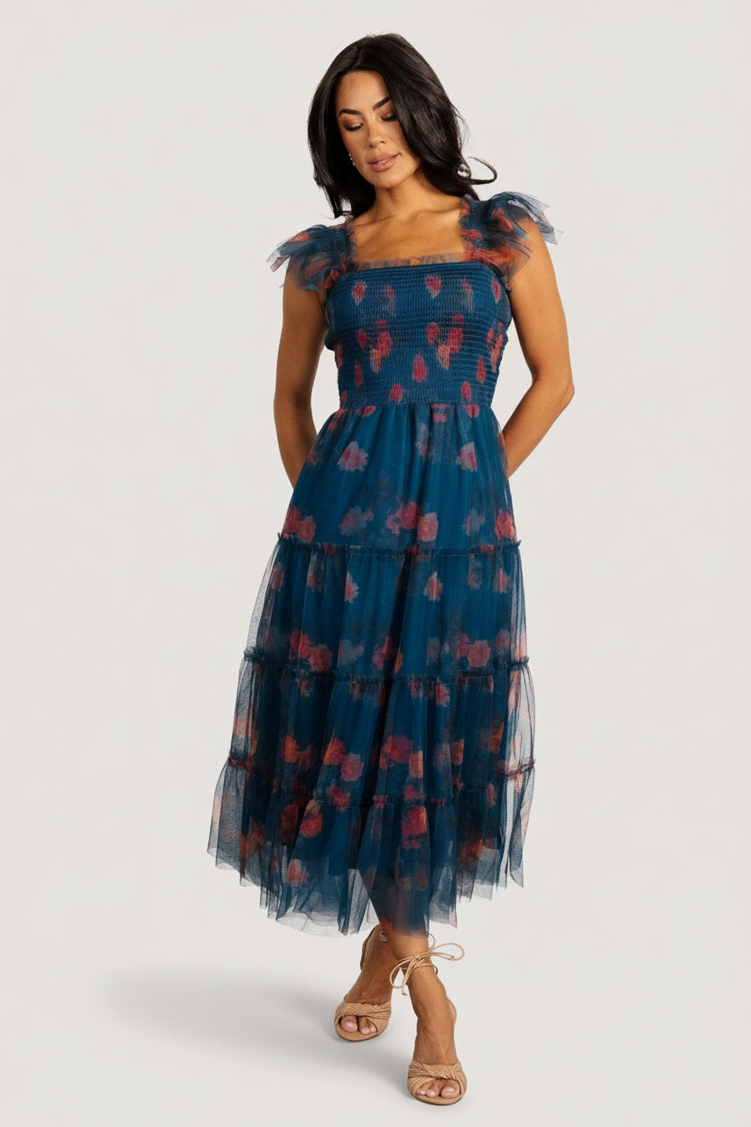 Clementine Tulle Midi Dress | Baltic Born Persian Blue + Rust