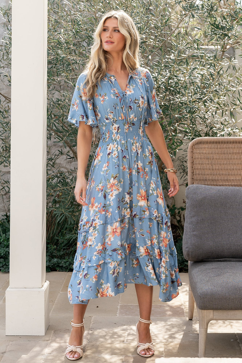 Spell Boho Midi Dress | Baltic Born Blue + Peach Floral