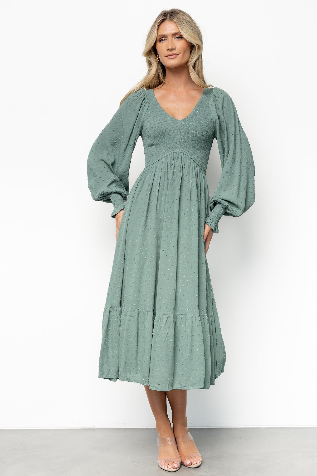 Lainey Smocked Dotted Midi Dress | Baltic Born Dark Sage